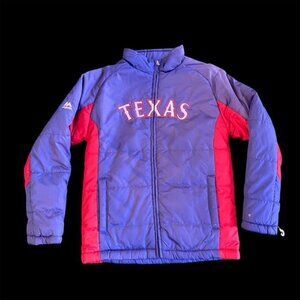 MLB Majestic Texas Rangers Long Sleeve Puffer Jacket Blue Red Youth Kid Size 8